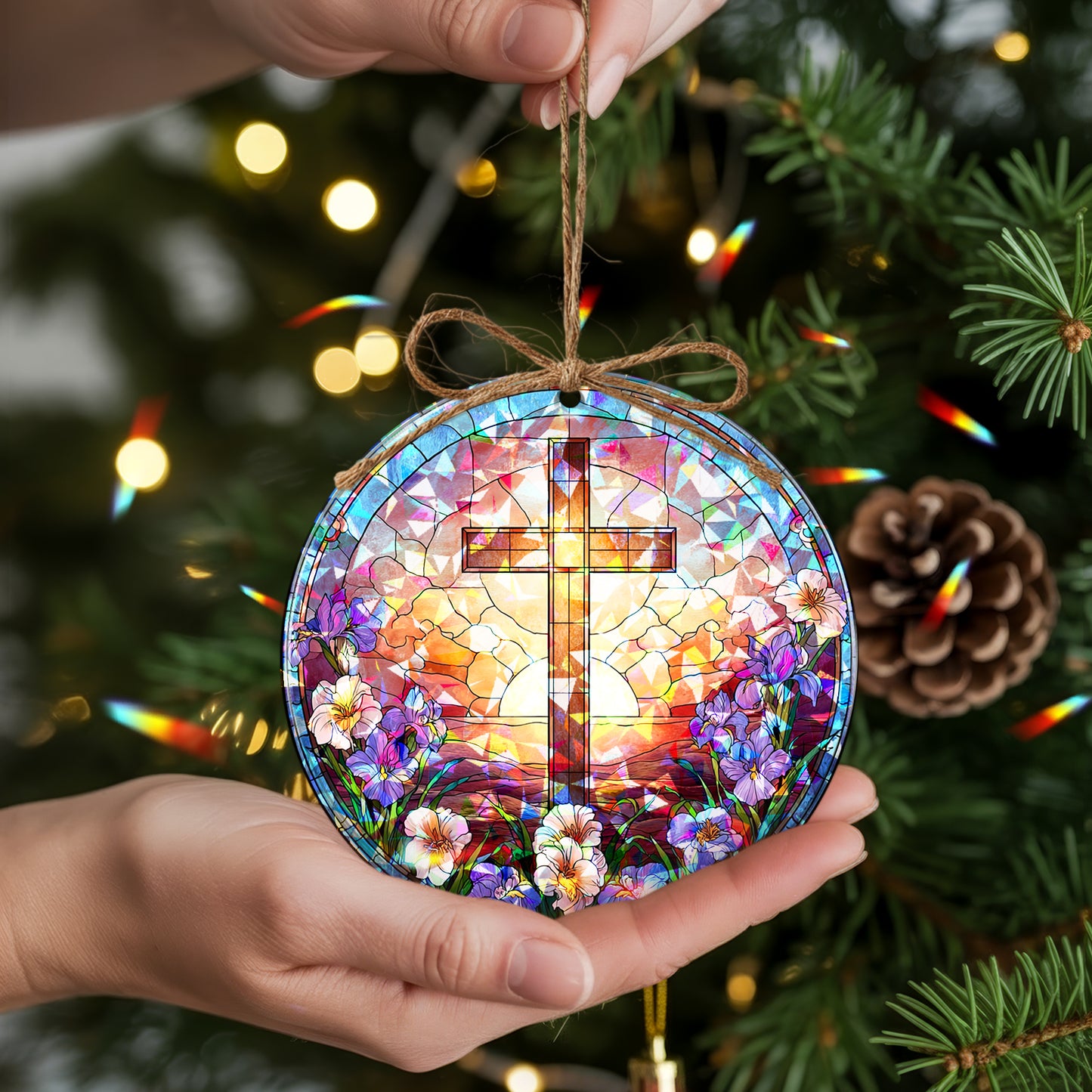 Stained Glass Cross Holographic Christmas Ornament | Symbol of Hope & New Life | Religious Christian Keepsake