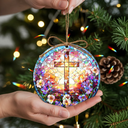 Stained Glass Cross Holographic Christmas Ornament | Symbol of Hope & New Life | Religious Christian Keepsake