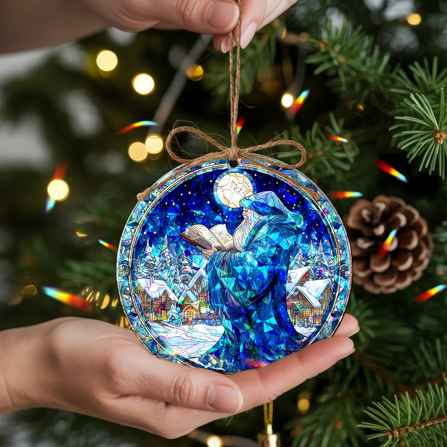 Stained Glass Storyteller Santa Holographic Christmas Ornament | Magical Holiday Keepsake | Festive Tree Decoration