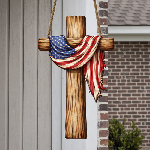 Rustic USA Faith Cross Door Decor for Memorial Day, Independence Day, and Everyday Home Display