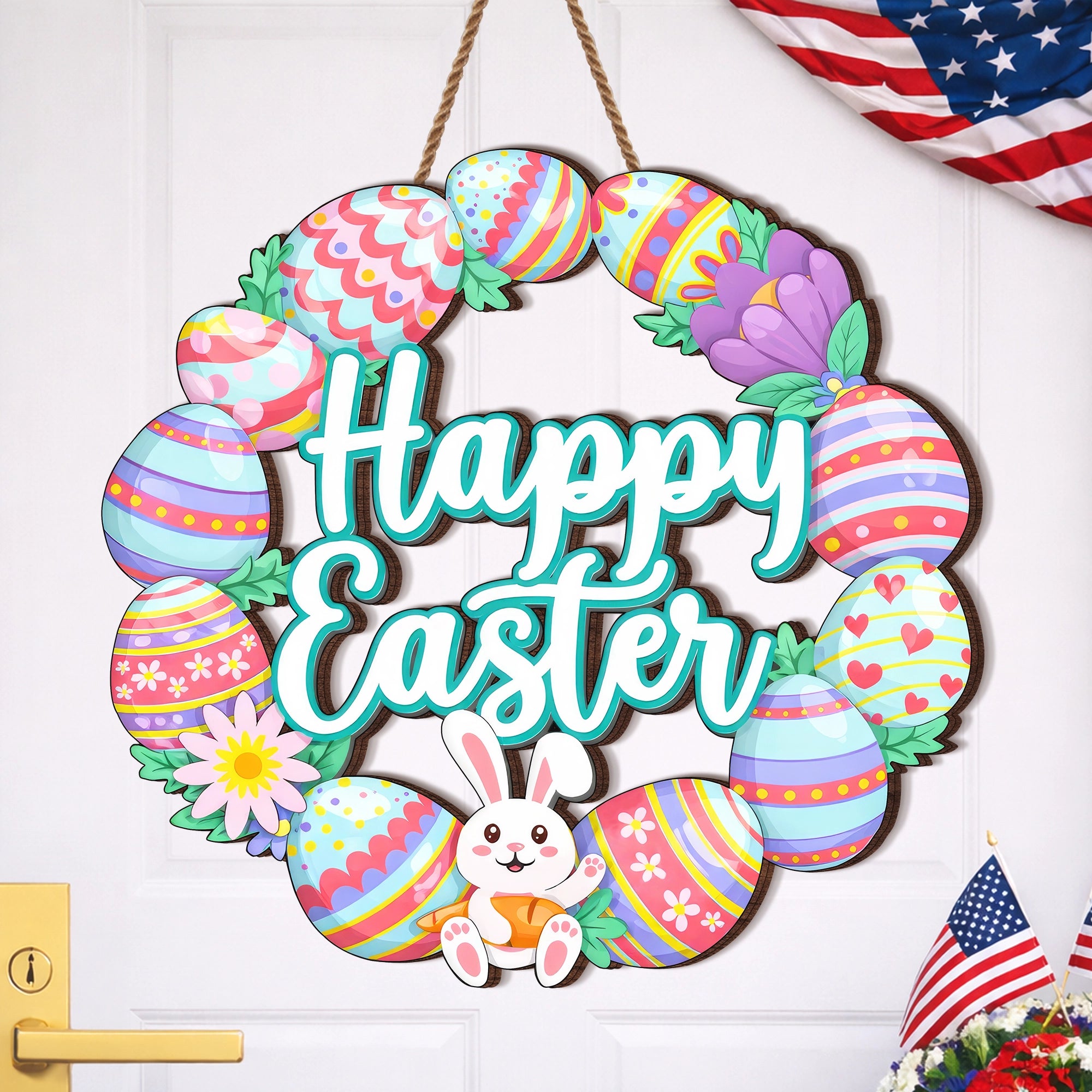 Happy Easter Bunny Egg Wreath Door Hanger