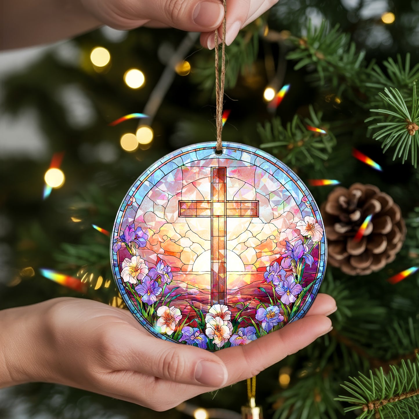 Stained Glass Cross Holographic Christmas Ornament | Symbol of Hope & New Life | Religious Christian Keepsake