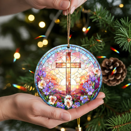 Stained Glass Cross Holographic Christmas Ornament | Symbol of Hope & New Life | Religious Christian Keepsake