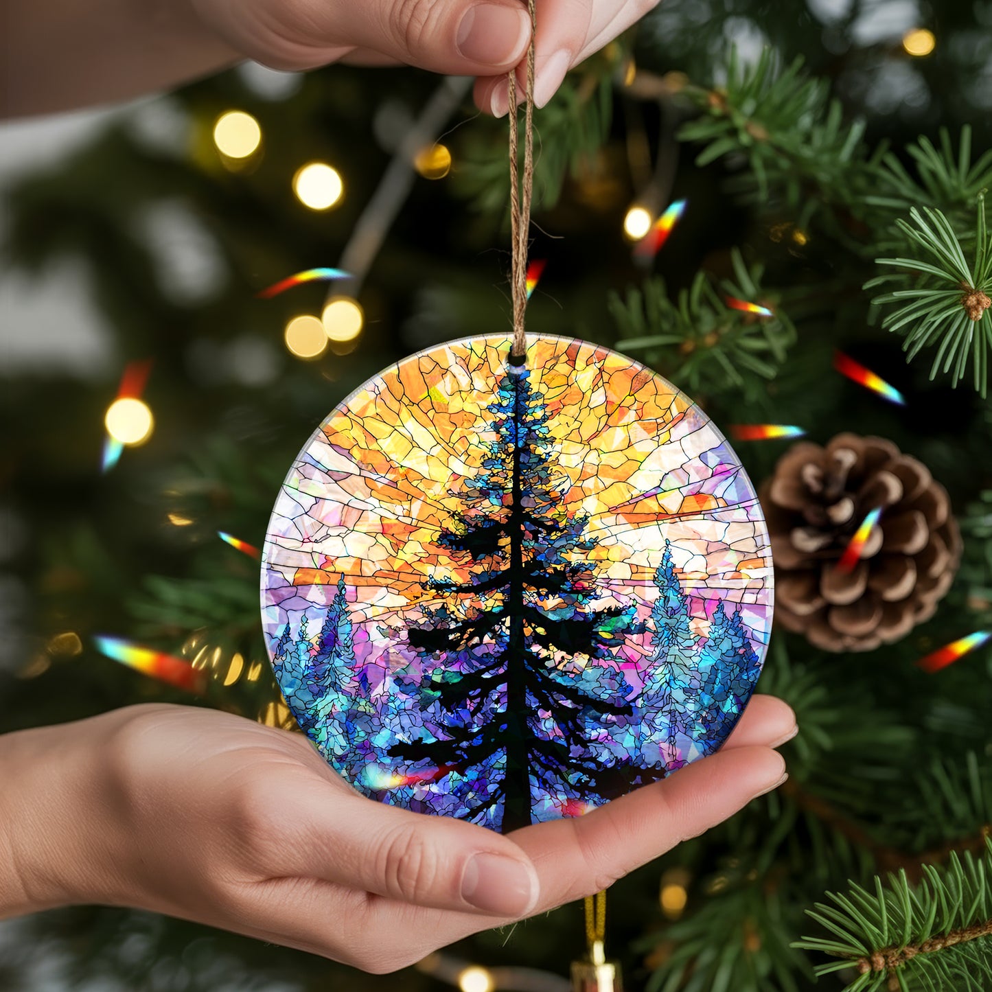 Stained Glass Christmas Tree Holographic Ornament | Festive Holiday Keepsake | Winter Glow Decoration