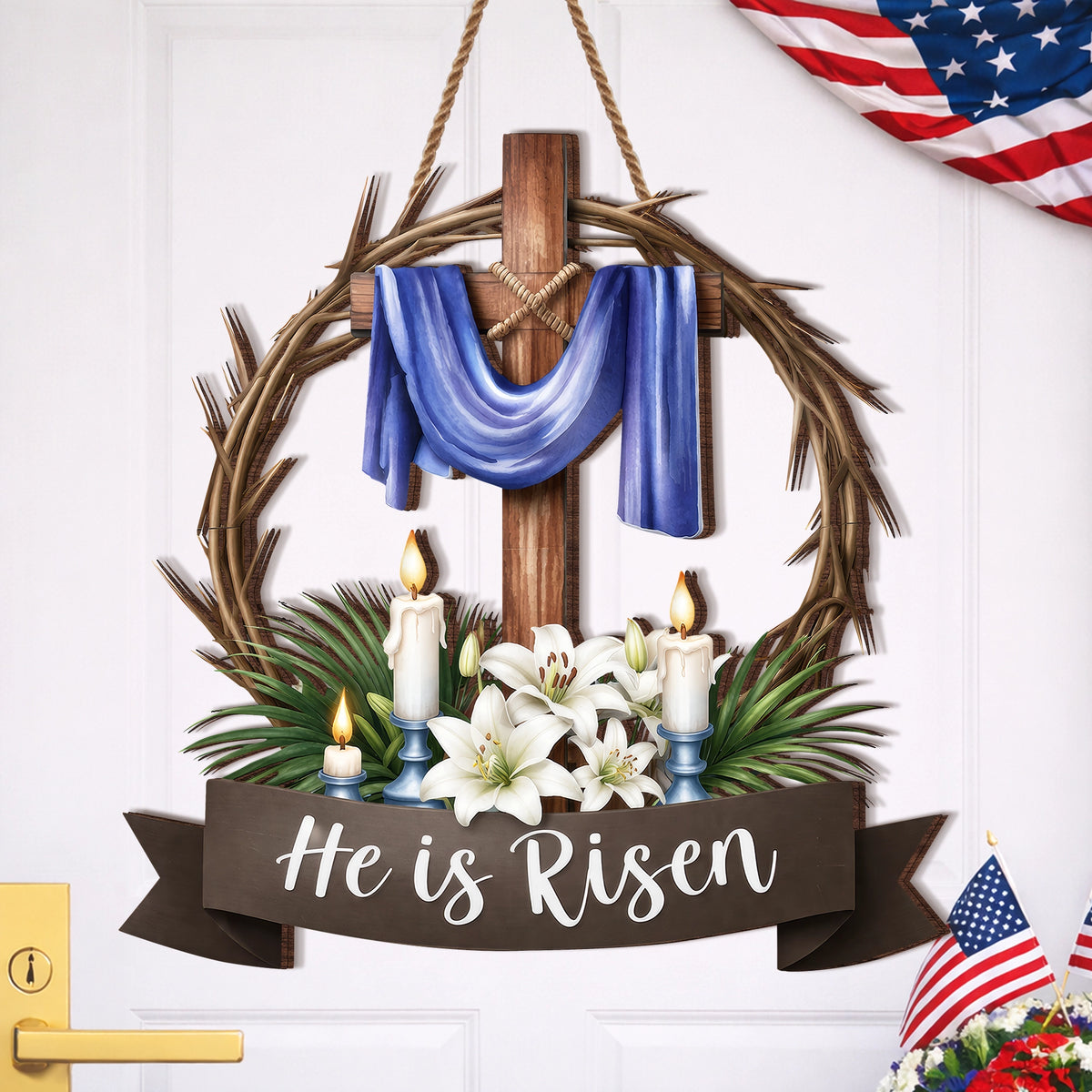 He Is Risen Crown of Thorns Cross Door Hanger