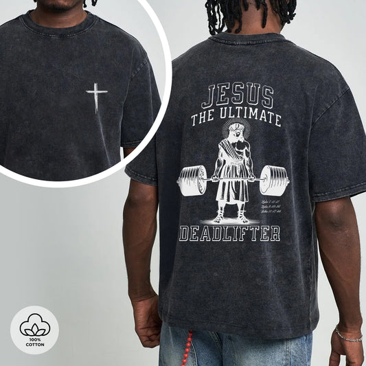 "Jesus The Ultimate Deadlifter" Unisex Vintage Washed Christian T-Shirt Two Sides | Matthew 11:28 Burden Bearer Tee | Faith Guided Life Apparel