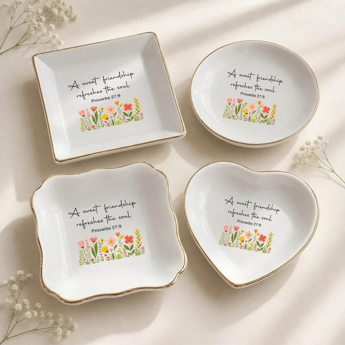 Christian Friendship Jewelry Dish – Proverbs 27:9 Scripture Ceramic Ring Tray, Faith Gift for Her