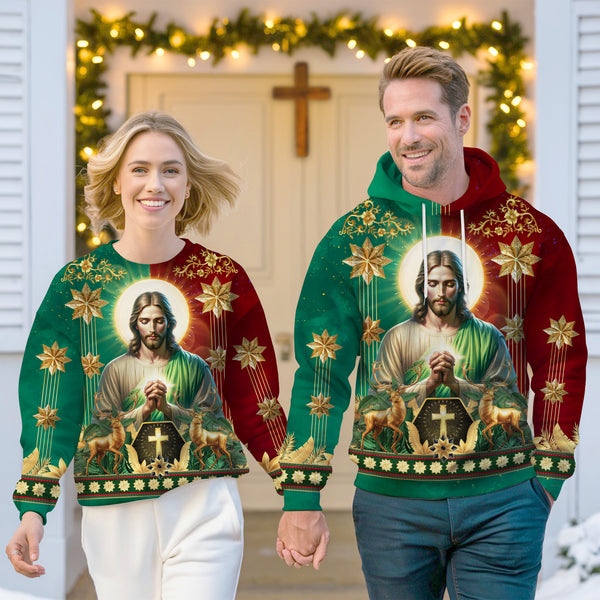 Jesus-Inspired Festive Christmas Sweatshirt And Hoodie with Reindeer CHRISTIAN-004