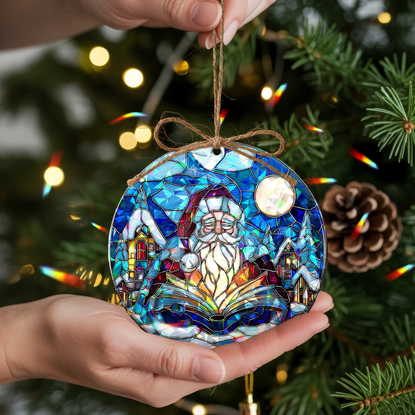Stained Glass Storyteller Santa Holographic Christmas Ornament | Magical Holiday Keepsake | Festive Tree Decoration
