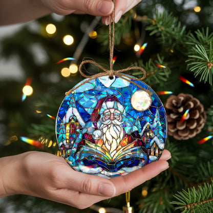 Stained Glass Storyteller Santa Holographic Christmas Ornament | Magical Holiday Keepsake | Festive Tree Decoration