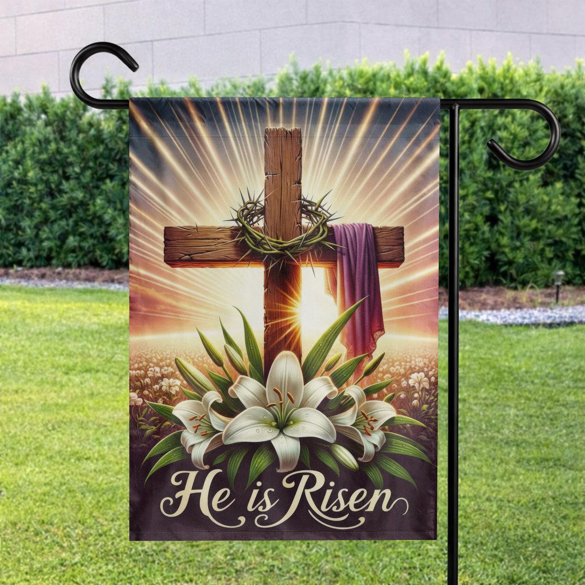 He Is Risen Wooden Cross Lily Easter Garden Flag