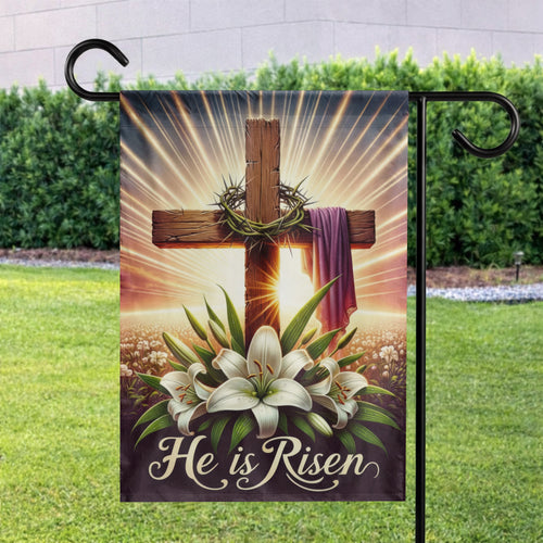 He Is Risen Wooden Cross Lily Easter Garden Flag