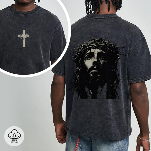 "Jesus Crown of Thorns" Unisex Vintage Washed Christian T-Shirt Two Sides | Matthew 27:29 Sacrifice Declaration Tee | Faith Guided Life Apparel
