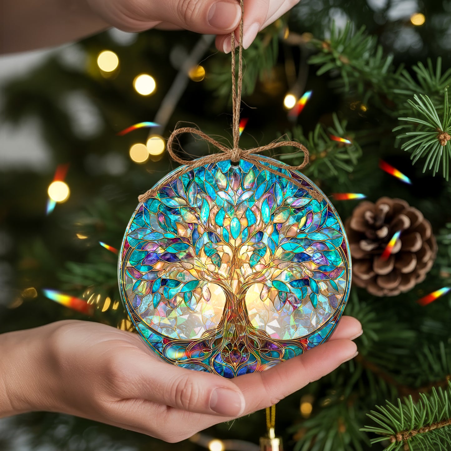 Vibrant Tree of Life Stained Glass Holographic Christmas Ornament | Symbol of Growth & Family | Colorful Holiday Keepsake