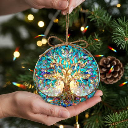Vibrant Tree of Life Stained Glass Holographic Christmas Ornament | Symbol of Growth & Family | Colorful Holiday Keepsake