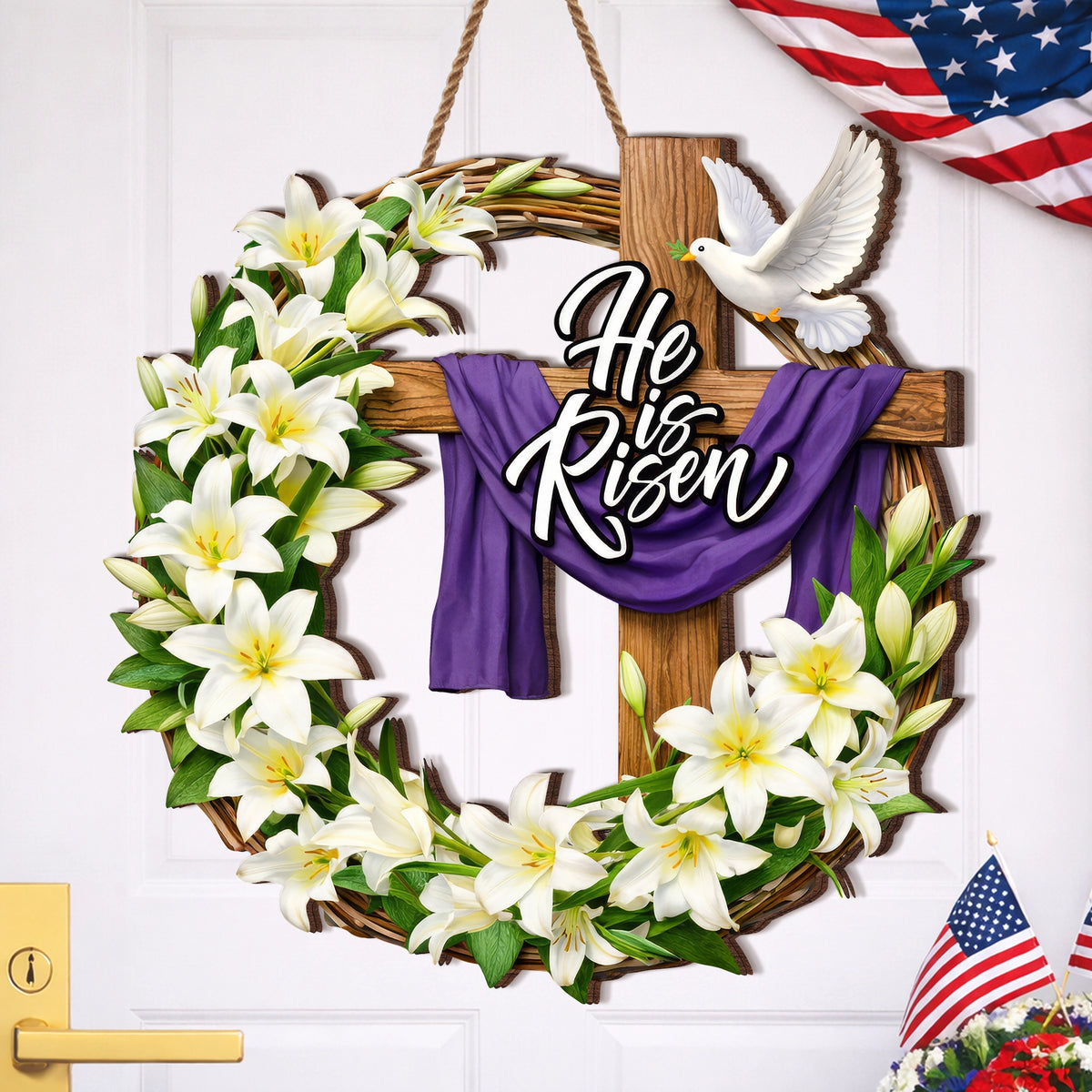 He Is Risen Lily Cross Wreath Door Hanger