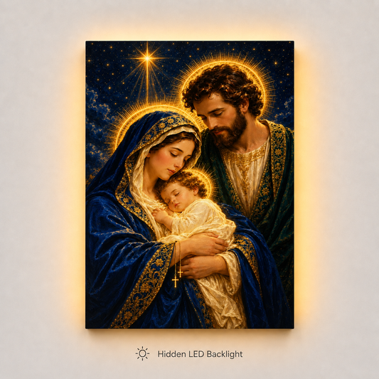 LED Holy Family Radiant Night Canvas/Mica – Christian Wall Art with Hidden Backlight