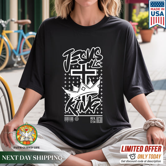 "Jesus is King" Crown Typography Christian T-Shirt | Faith Guided Life Apparel