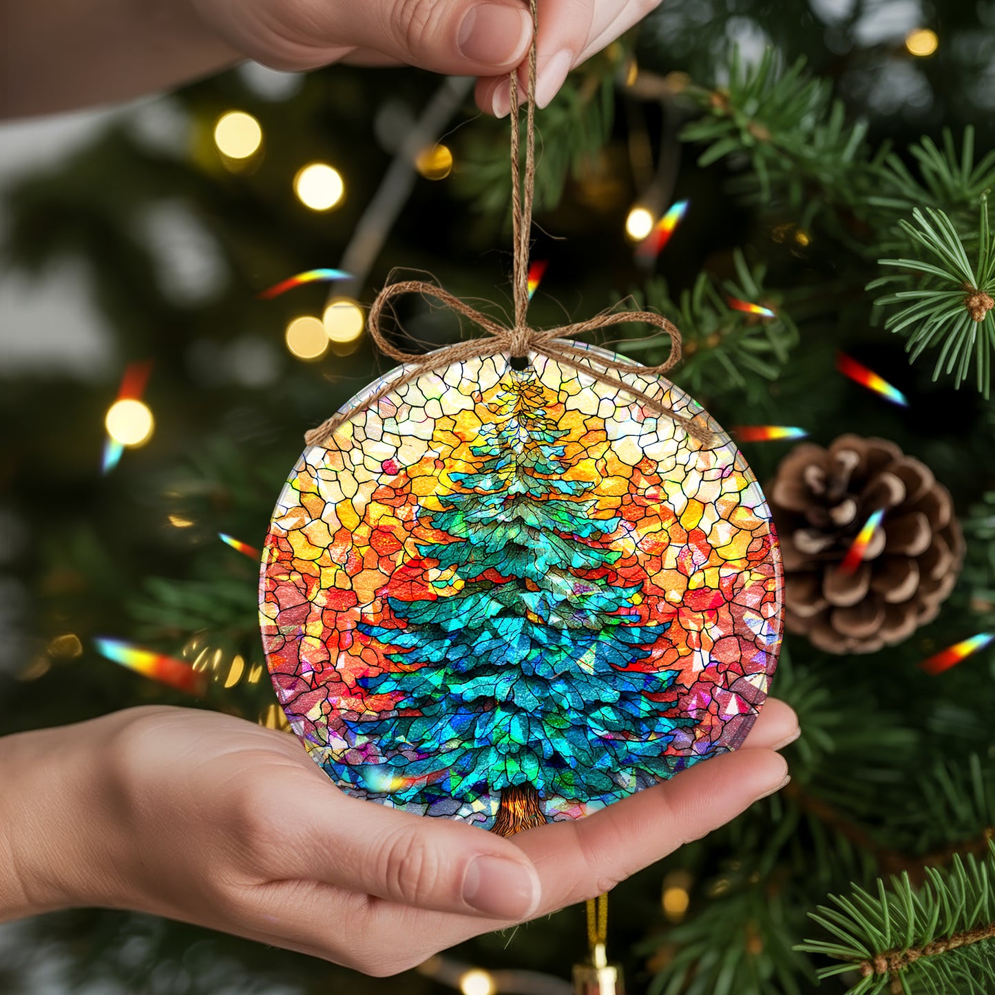 Stained Glass Christmas Tree Holographic Ornament | Festive Holiday Keepsake | Winter Glow Decoration