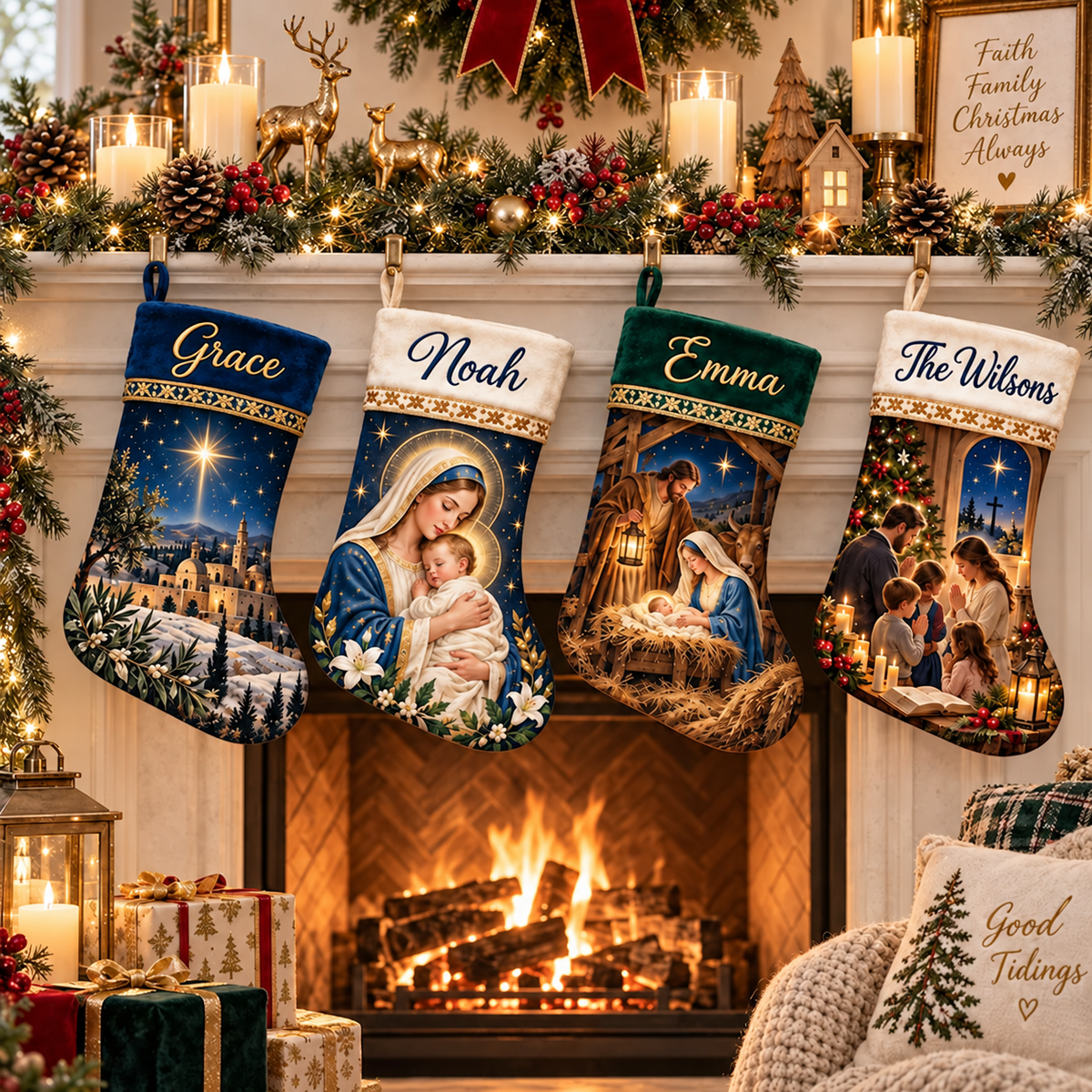 Personalized Christian Christmas Stocking – Custom Name Nativity & Virgin Mary Stocking, Religious Holiday Fireplace Decor & Family Gift