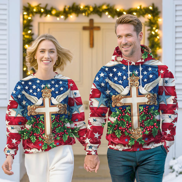 Christmas Cross Hoodie With American Flag CHRISTIAN-003