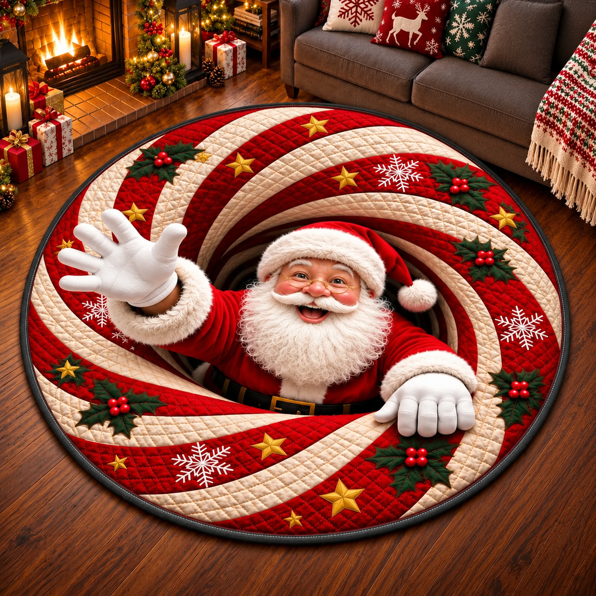 Santa Christmas Library Quilted Round Mat