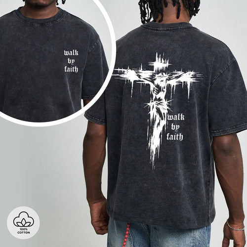 "Walk by Faith" Unisex 100% Cotton Vintage Washed Christian T-Shirt Two Sides | Grunge Cross Faith Apparel