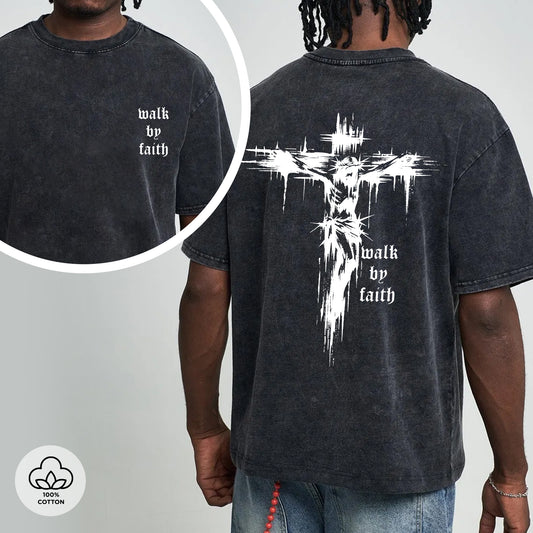 "Walk by Faith" Unisex 100% Cotton Vintage Washed Christian T-Shirt Two Sides | Grunge Cross Faith Apparel