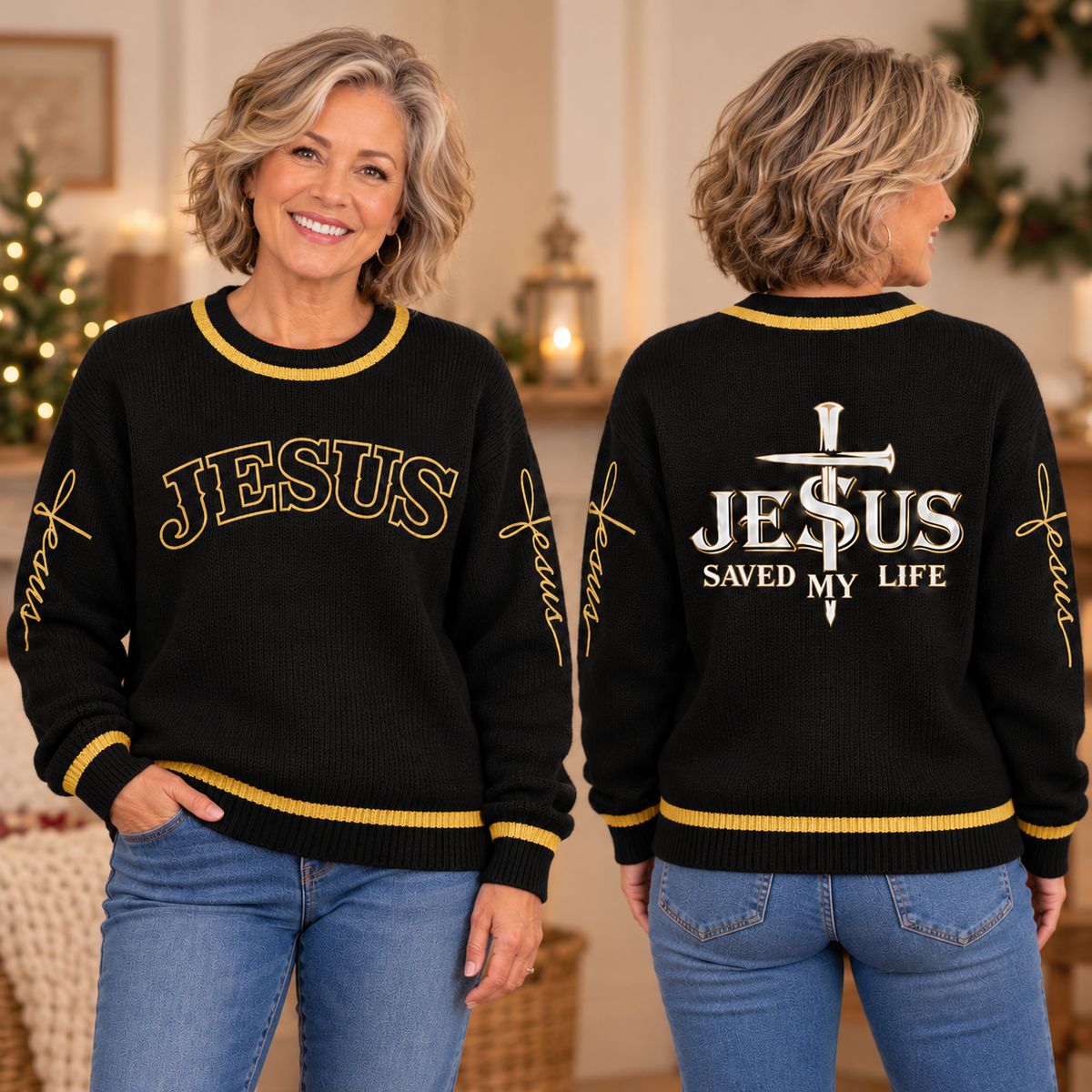 Jesus Saved My Life Christian Knit Sweater – Faith-Inspired Front & Back Design