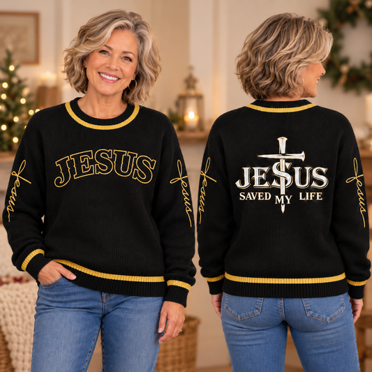 Jesus Saved My Life Christian Knit Sweater – Faith-Inspired Front & Back Design