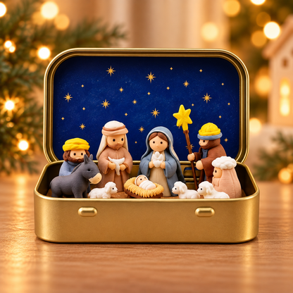 Mini Christmas Nativity Scene Set In Tin Box – Baby Jesus Holy Family Christian Decor