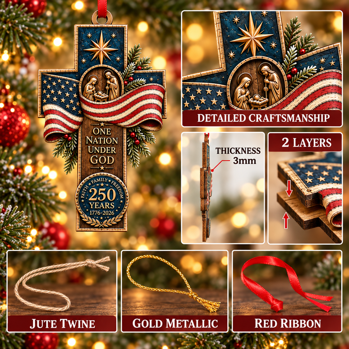 One Nation Under God 250 Years Cross Ornament – Faith Family Freedom Christmas Decor