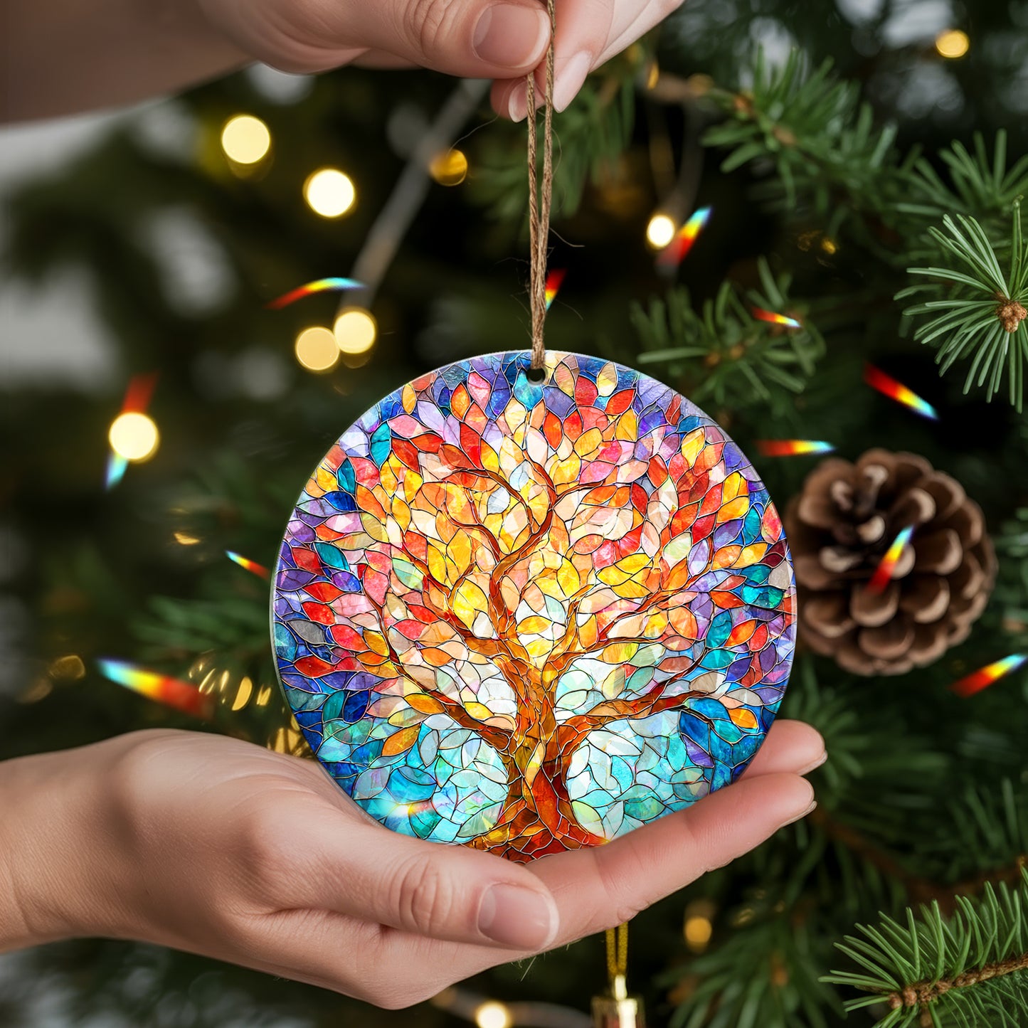 Vibrant Tree of Life Stained Glass Holographic Christmas Ornament | Symbol of Growth & Family | Colorful Holiday Keepsake