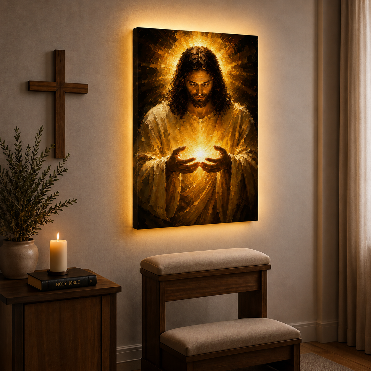 LED Jesus Light of Hope Canvas/Mica – Christian Wall Art with Hidden Backlight