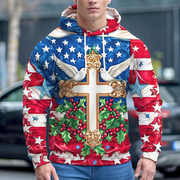 Christmas Cross Hoodie With American Flag CHRISTIAN-003-HOODIE