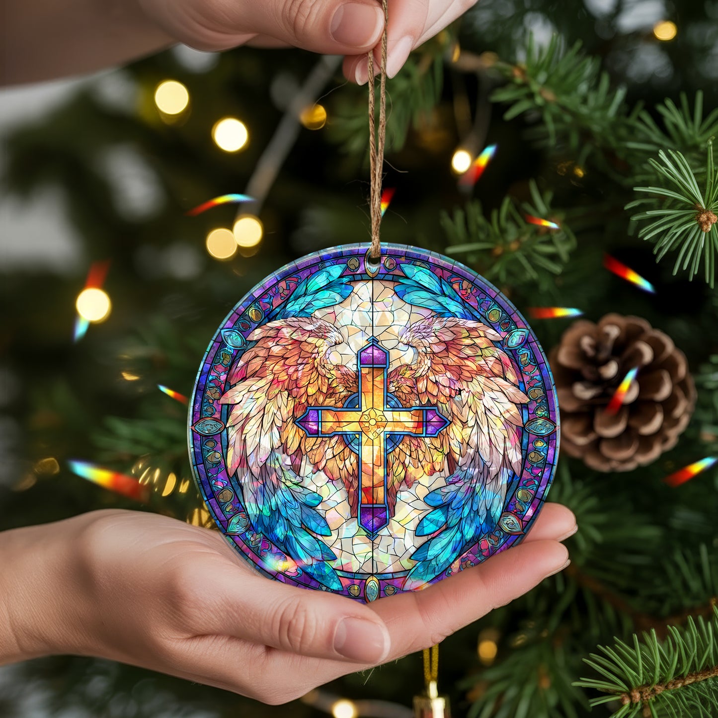 Stained Glass Angel Wing Cross Holographic Ornament | Symbol of Hope & Victory | Christian Keepsake