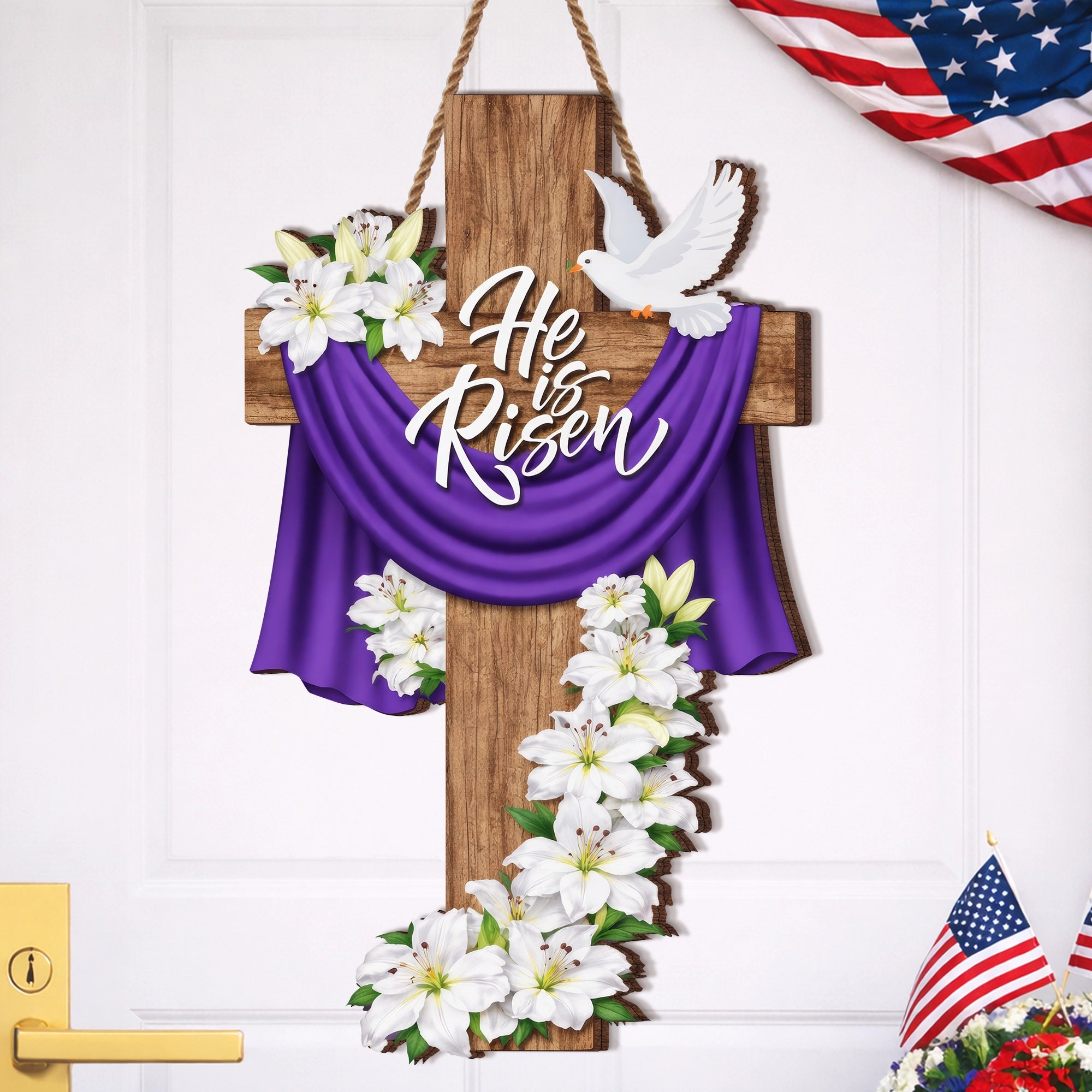 He Is Risen Wooden Cross Lily Door Hanger