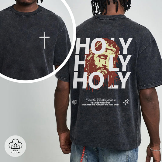 "Holy Holy Holy" Unisex Mineral Wash Christian T-Shirt Two Sides | Isaiah 6:3 Vintage Washed Cotton Tee | Faith Guided Life Apparel