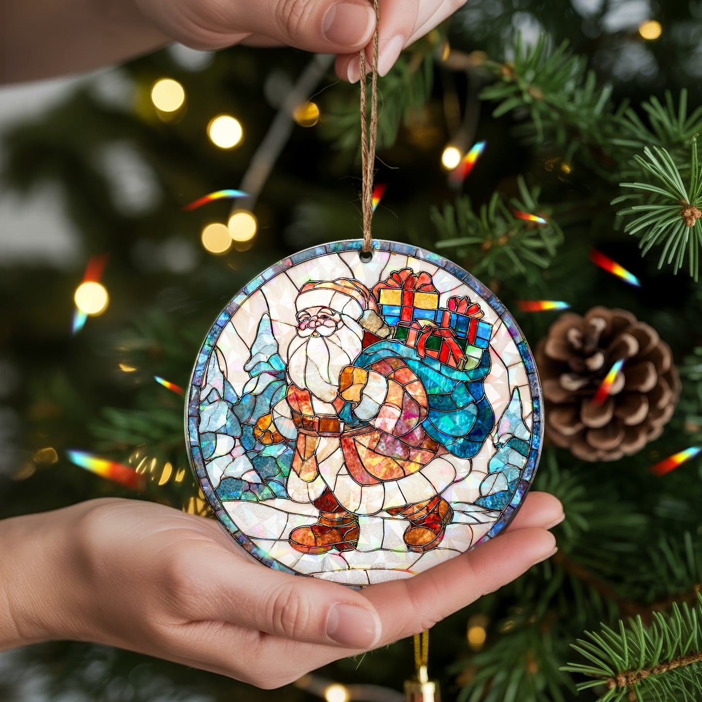 Stained Glass Santa Claus Holographic Christmas Ornament | Festive Holiday Keepsake | Jolly St. Nick Tree Decoration