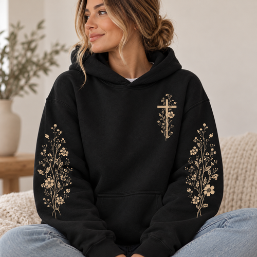 Floral Cross Christian Faith Hoodie – Unisex Religious Floral Sleeve Hoodie