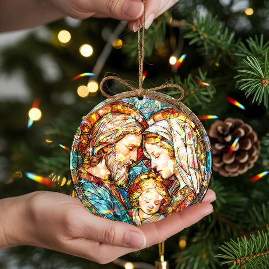 Stained Glass Holy Family Holographic Christmas Ornament | Religious Christian Keepsake | Nativity Decoration