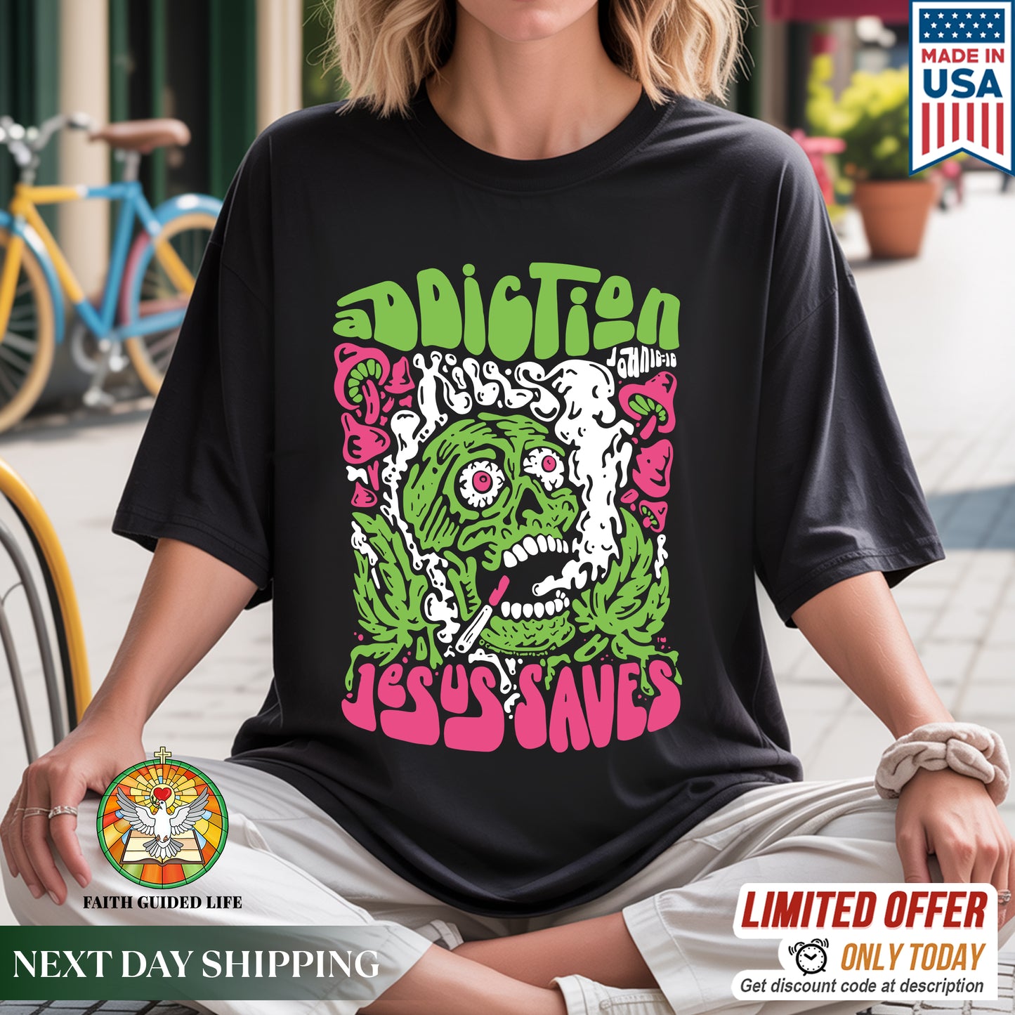 "Addiction Jesus Saves" Skull Design Christian T-Shirt | Faith Guided Life Apparel