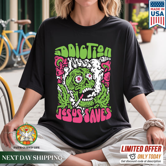 "Addiction Jesus Saves" Skull Design Christian T-Shirt | Faith Guided Life Apparel