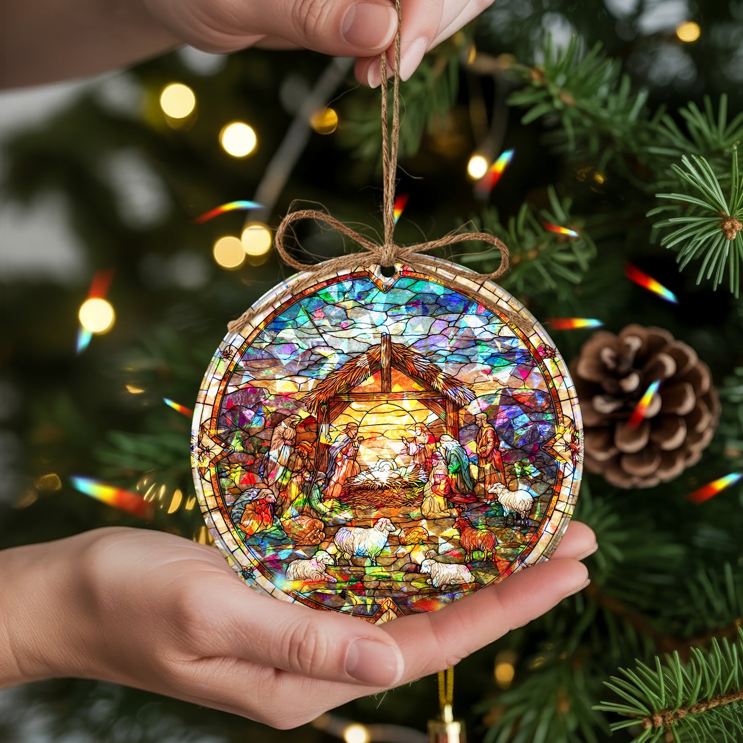 Stained Glass Nativity Scene Holographic Christmas Ornament | Full Manger Scene | Religious Christian Keepsake