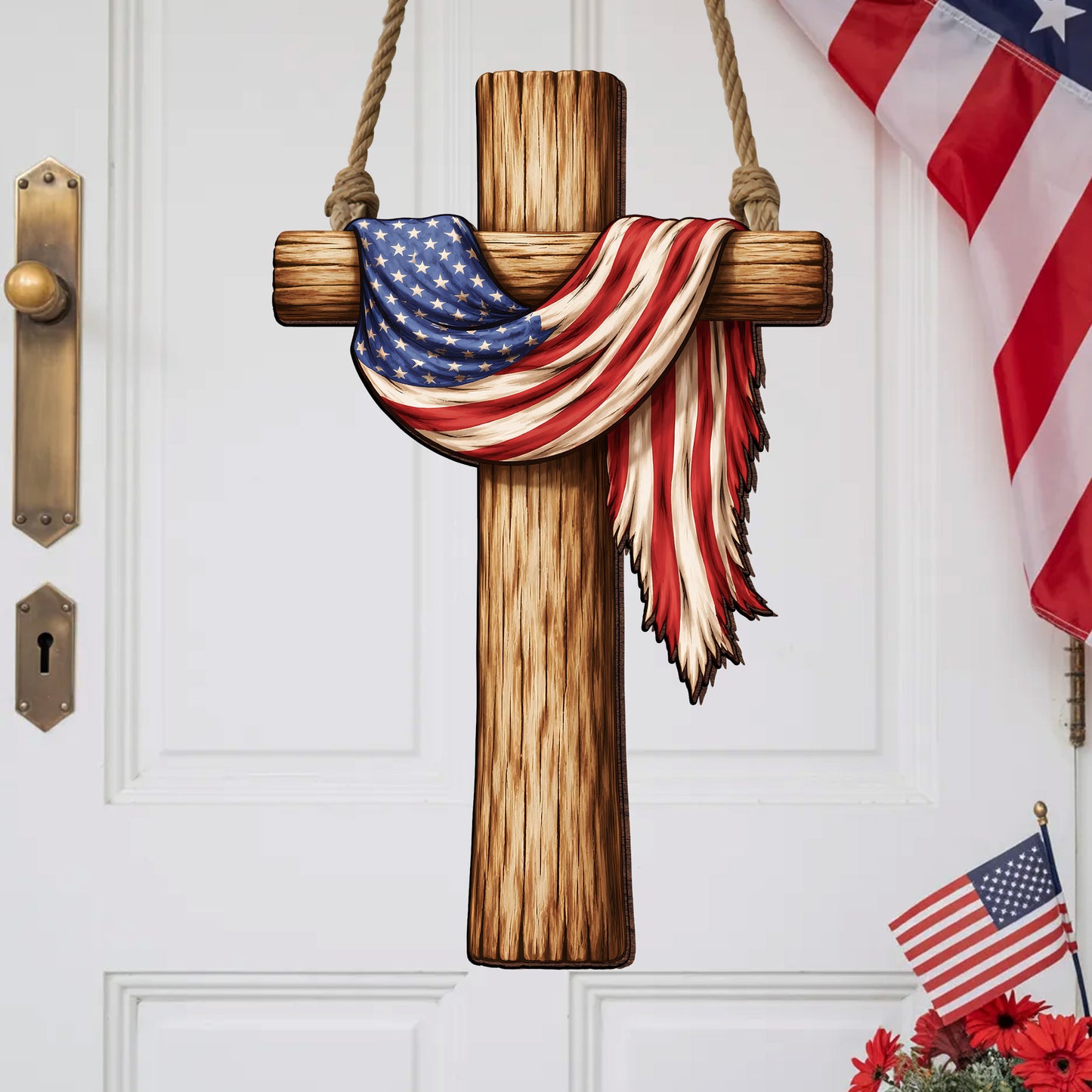 Rustic USA Faith Cross Door Decor for Memorial Day, Independence Day, and Everyday Home Display