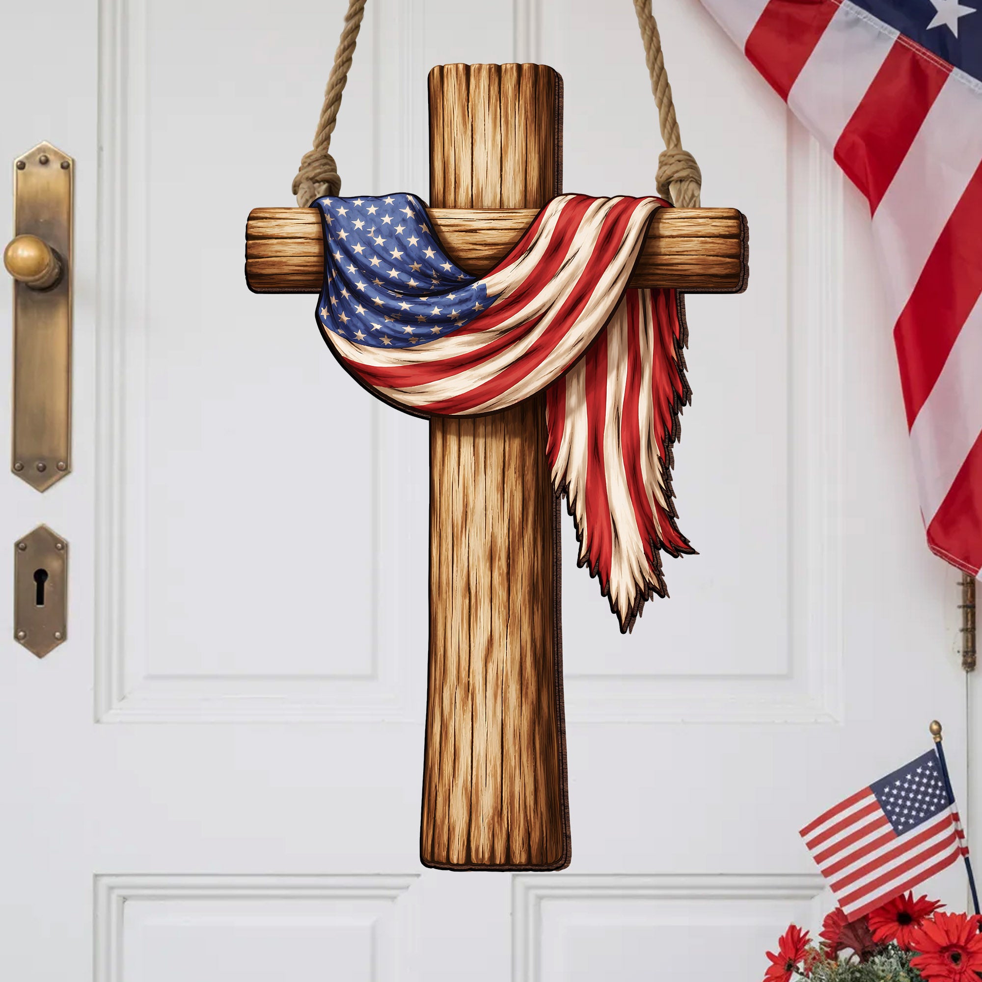 Rustic USA Faith Cross Door Decor for Memorial Day, Independence Day, and Everyday Home Display