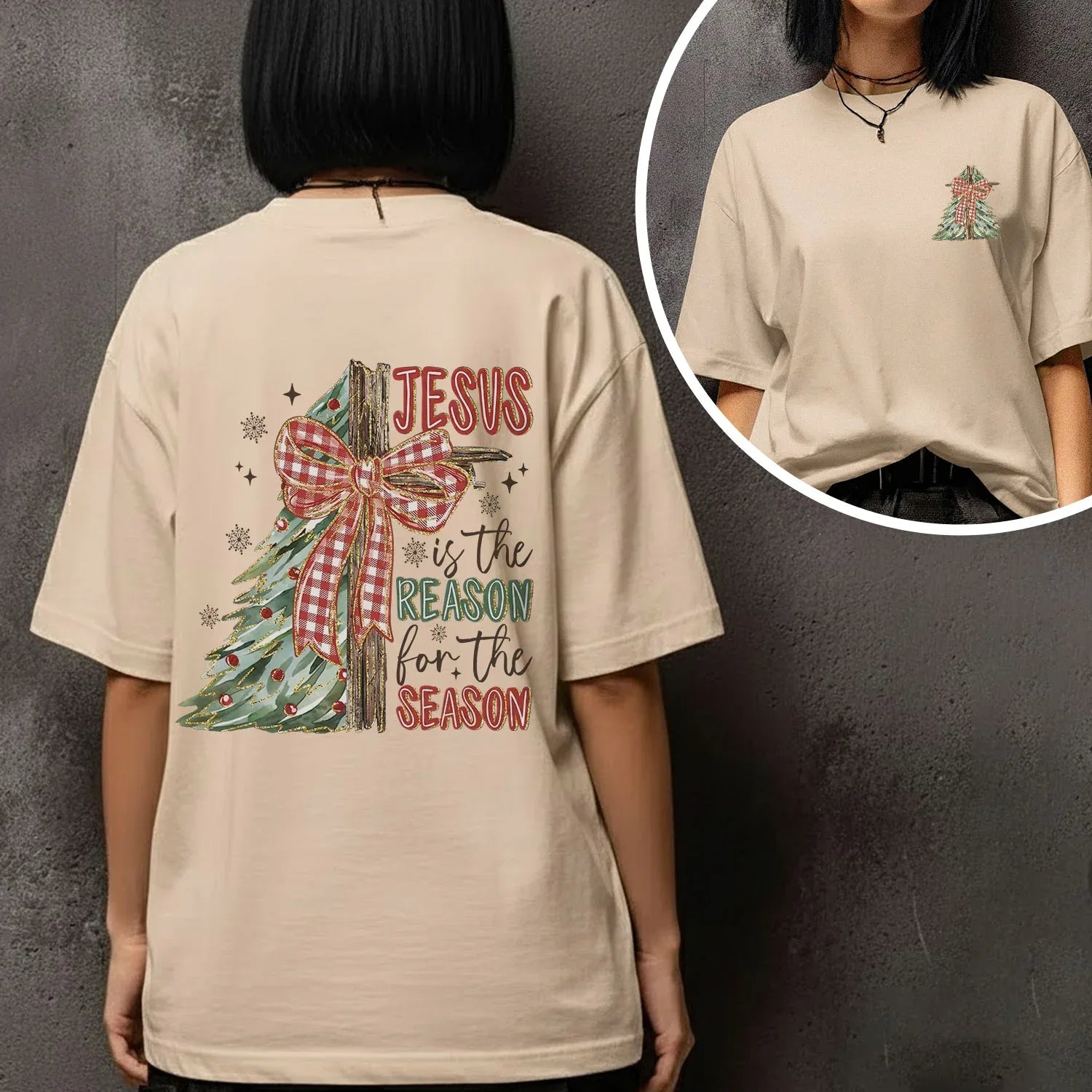 Jesus Is the Reason – Christmas Tree & Cross Bow Design - Two sides - Merry Christmas - Unisex Tshirt / Hoodie / Sweatshirt - Faith Guided Life