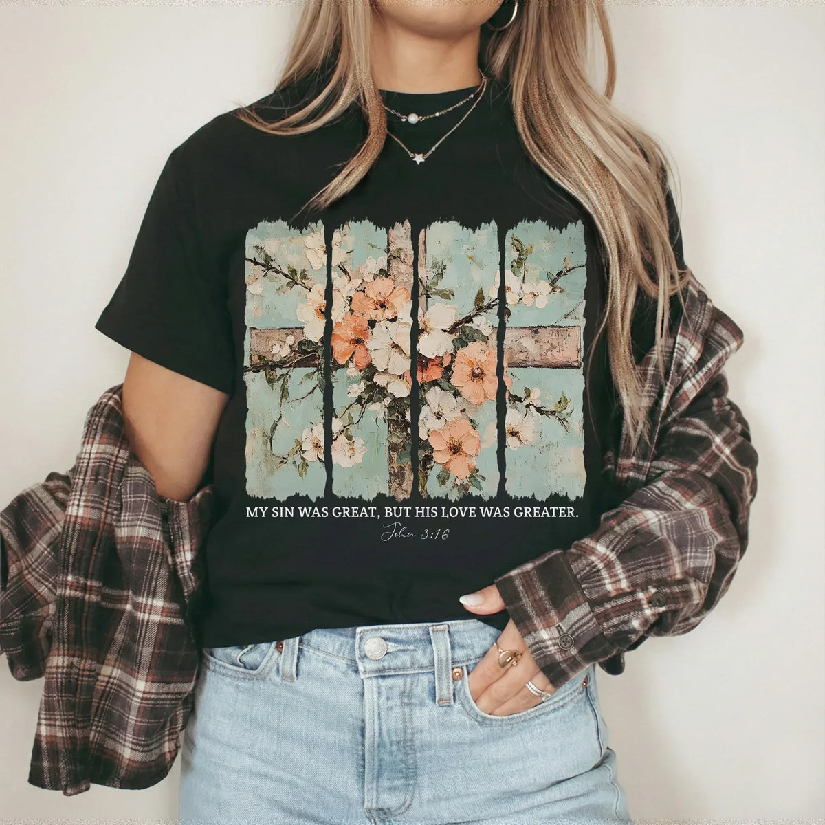 [COMFORT T-SHIRT] My Sin Was Great, His Love Was Greater - Faith Floral - Faith Guided Life