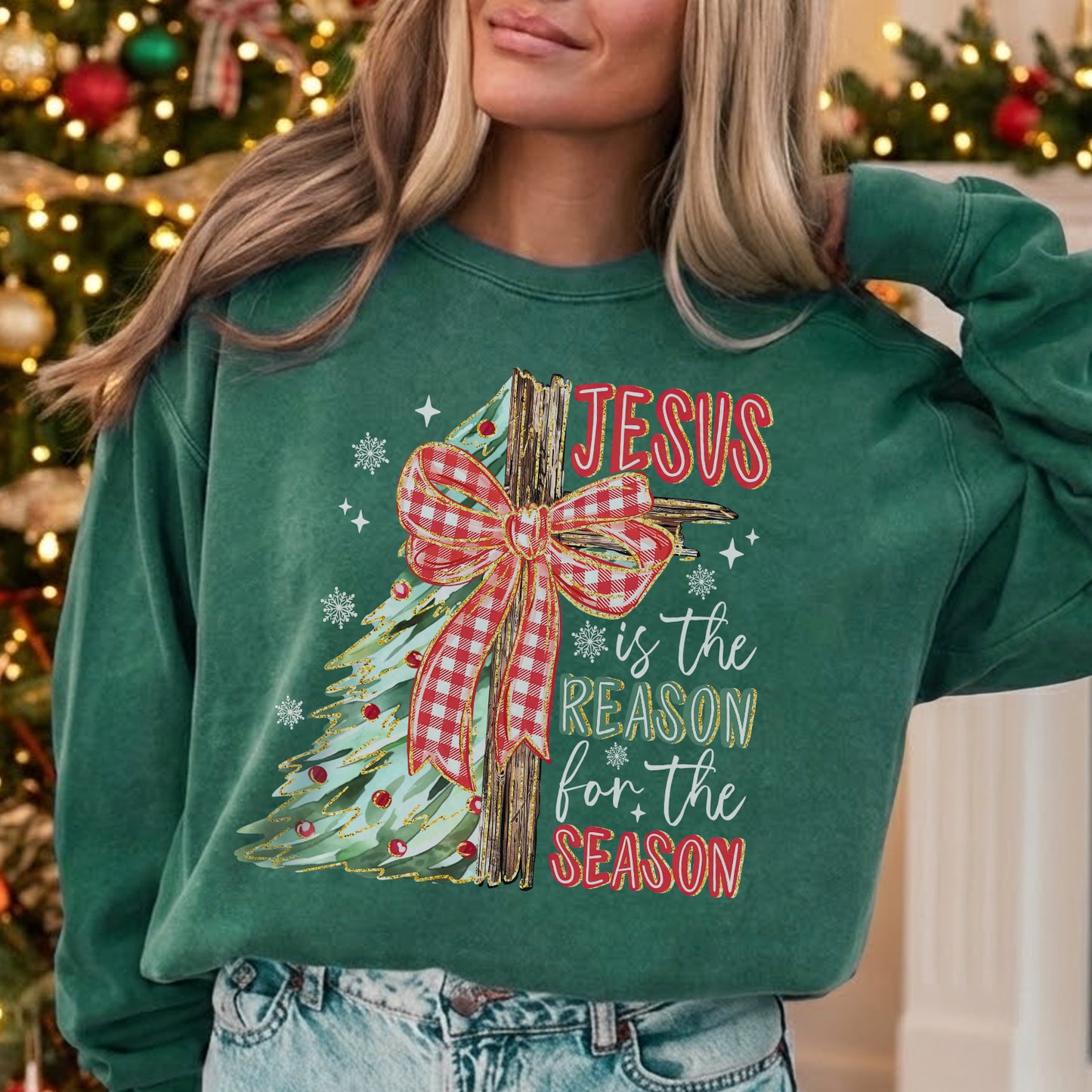 Jesus Is The Reason For The Season Christmas Tree & Cross Bow Design  - Merry Christmas - Unisex Tshirt / Hoodie / Sweatshirt