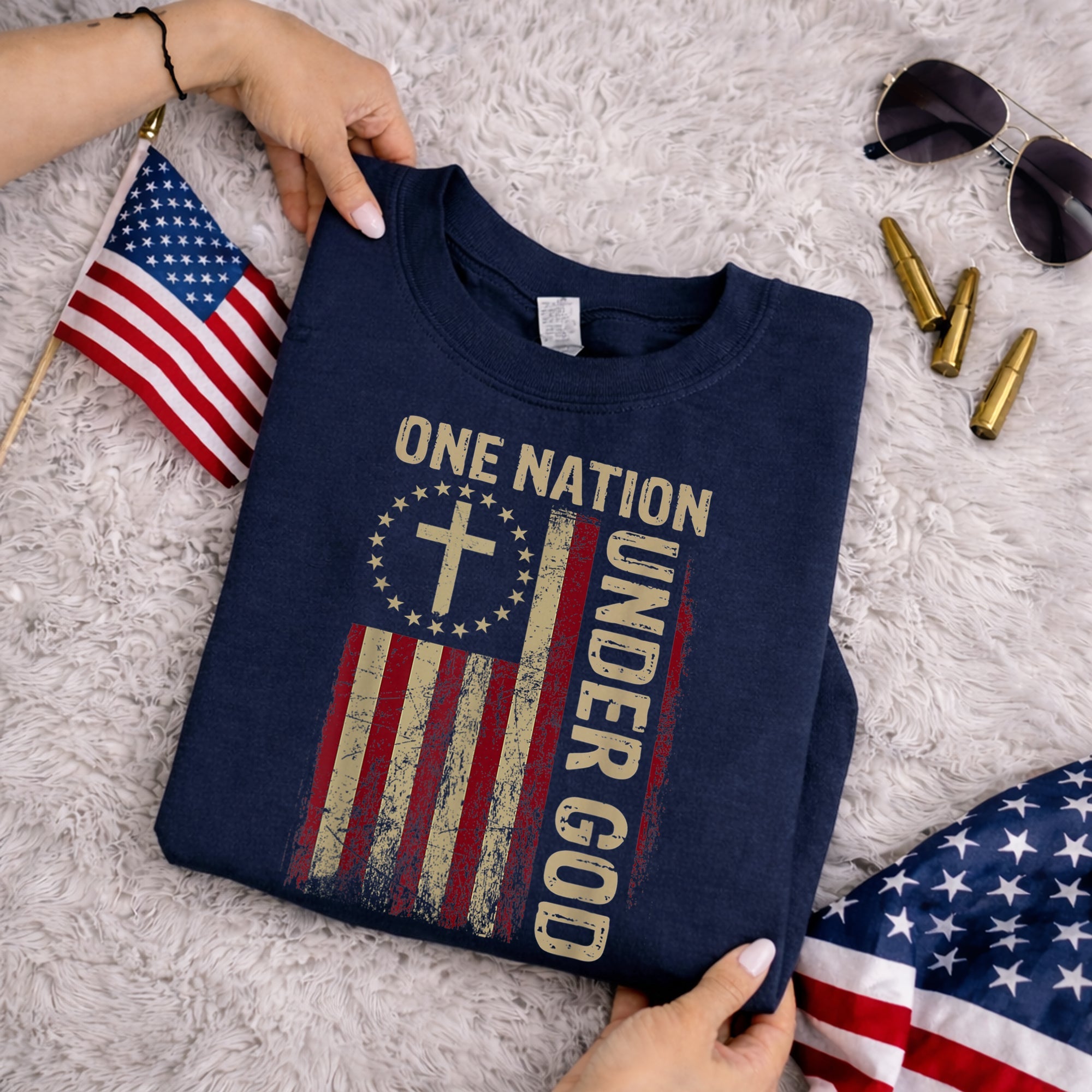 One Nation Under God Flag Cross – Faith & Freedom – Unisex Tshirt Gildan / Tshirt Comfort / V-neck/ Hoodie / Sweatshirt